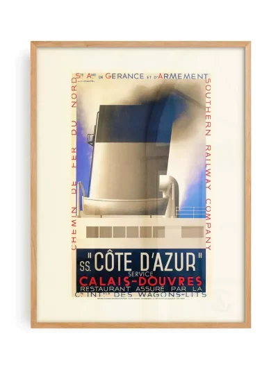 Affiche maritime "Côte d'Azur". Réédition d'une affiche publicitaire de 1931 réalisée par Adolphe Mouron, dit Cassandre. Imprimée sur papier vergé crème.