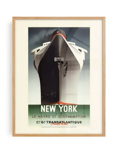 Affiche maritime "New York". Réédition d'une affiche publicitaire de 1935 réalisée par Adolphe Mouron, dit Cassandre. Imprimée sur papier vergé crème.