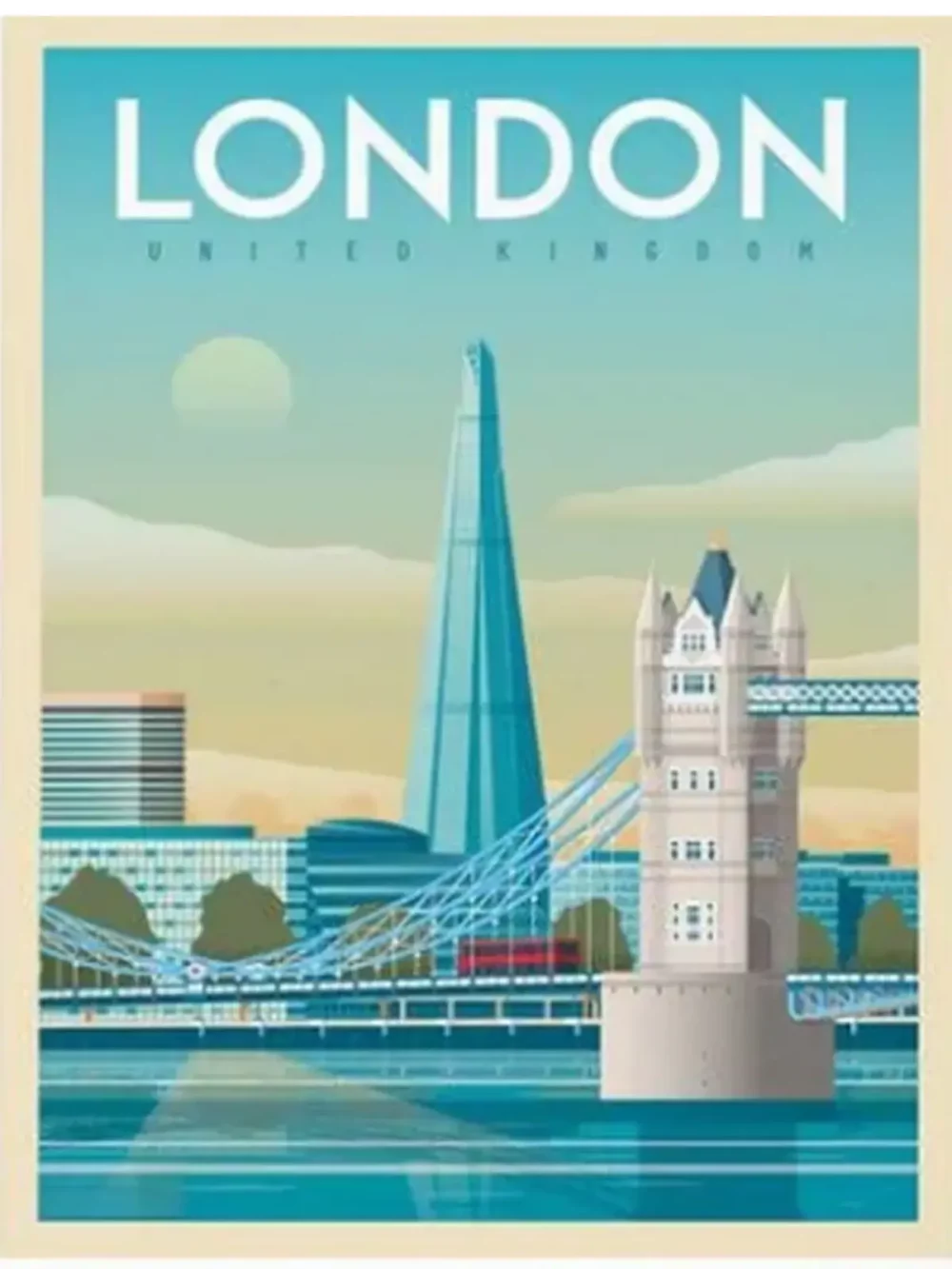 Affiche de la ville de Londres au style vintage. Cette affiche au design rétro et coloré égayera votre décoration intérieur de votre maison.