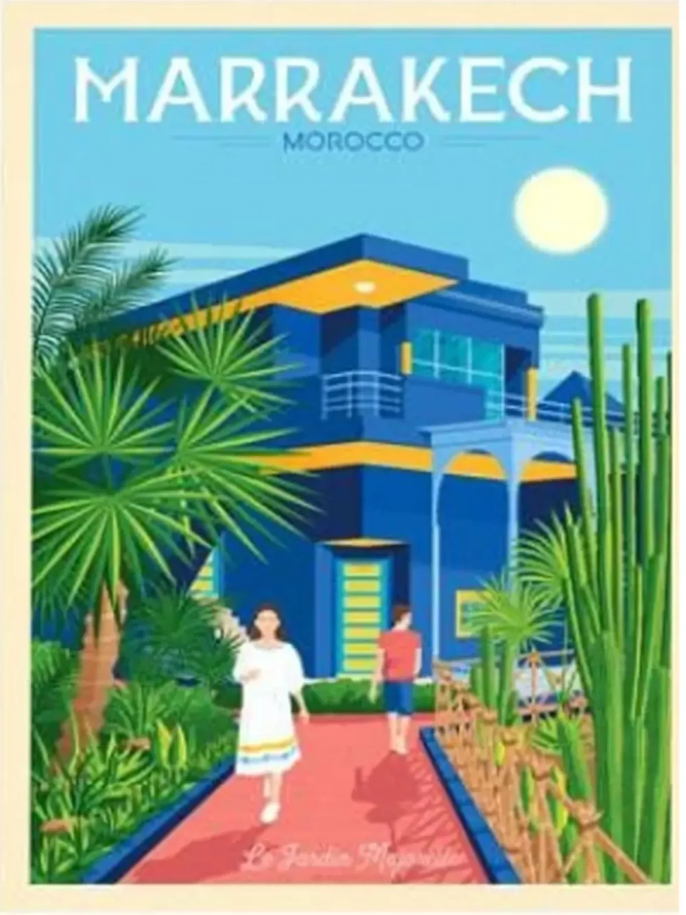 Affiche de la ville de Marrakech au style vintage. Cette affiche au design rétro et coloré égayera votre décoration intérieur de votre maison,