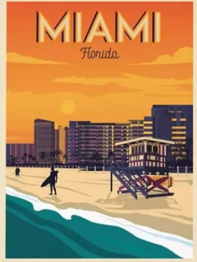 Affiche de la ville de Miami Beach au style vintage. Cette affiche au design rétro et coloré égayera votre décoration intérieur de votre maison.