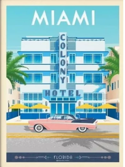 Affiche de la ville de Miami au style vintage. Cette affiche au design rétro et coloré égayera votre décoration intérieur de votre maison