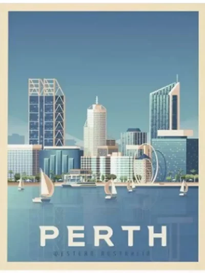 Affiche de la ville de Perth en Australie au style vintage. Cette affiche au design rétro et coloré égayera votre décoration intérieur de votre maison.