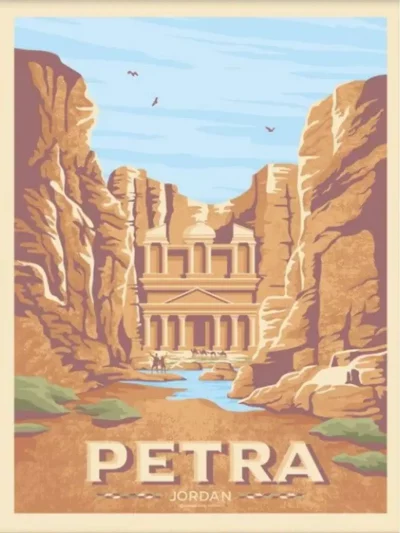 Affiche du site archéologique de Petra en Jordanie au style vintage. Cette affiche au design rétro et coloré égayera votre décoration intérieur de votre maison.