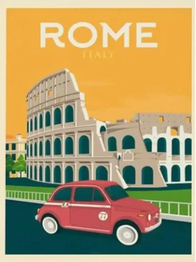 Affiche du Colisée de Rome au style vintage. Cette affiche au design rétro et coloré égayera votre décoration intérieur de votre maison,