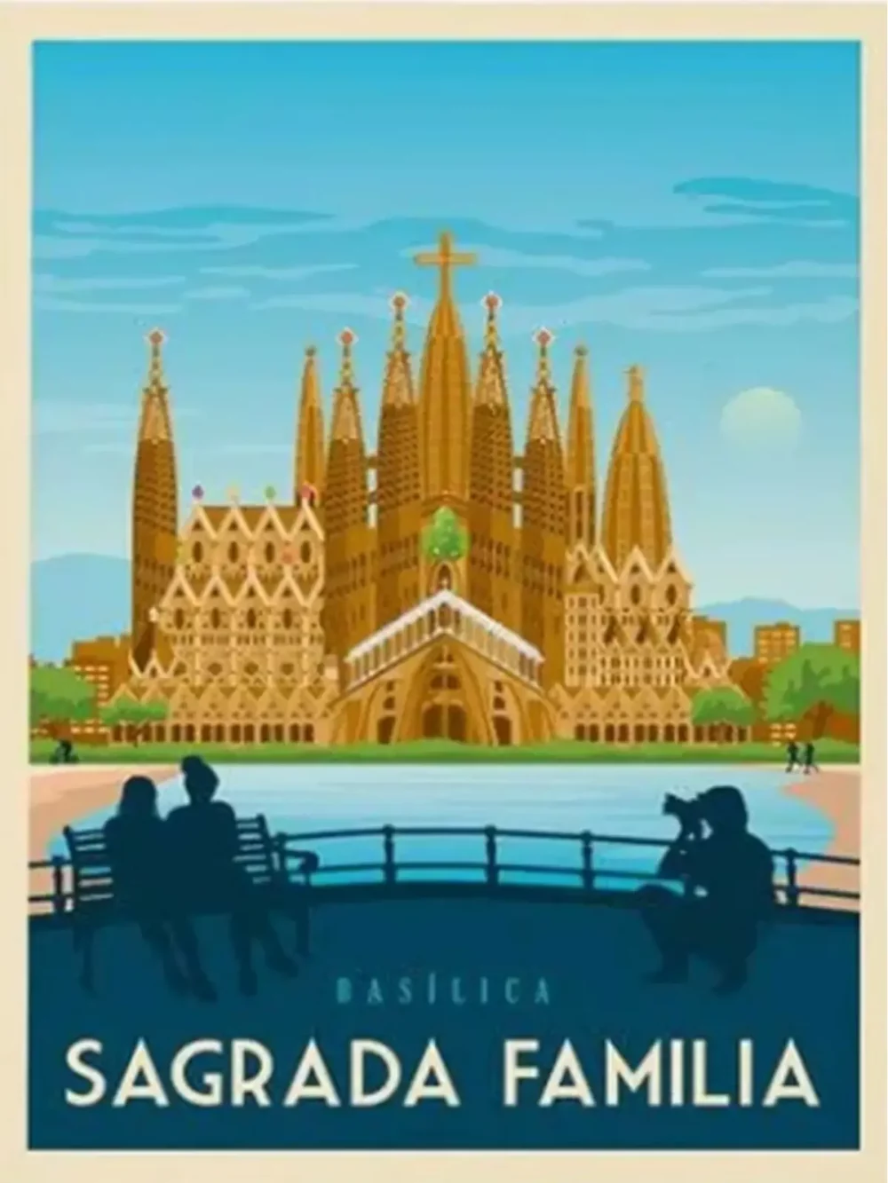 Affiche de la Sagrada Familia au style vintage. Cette affiche au design rétro et coloré égayera votre décoration intérieur de votre maison.