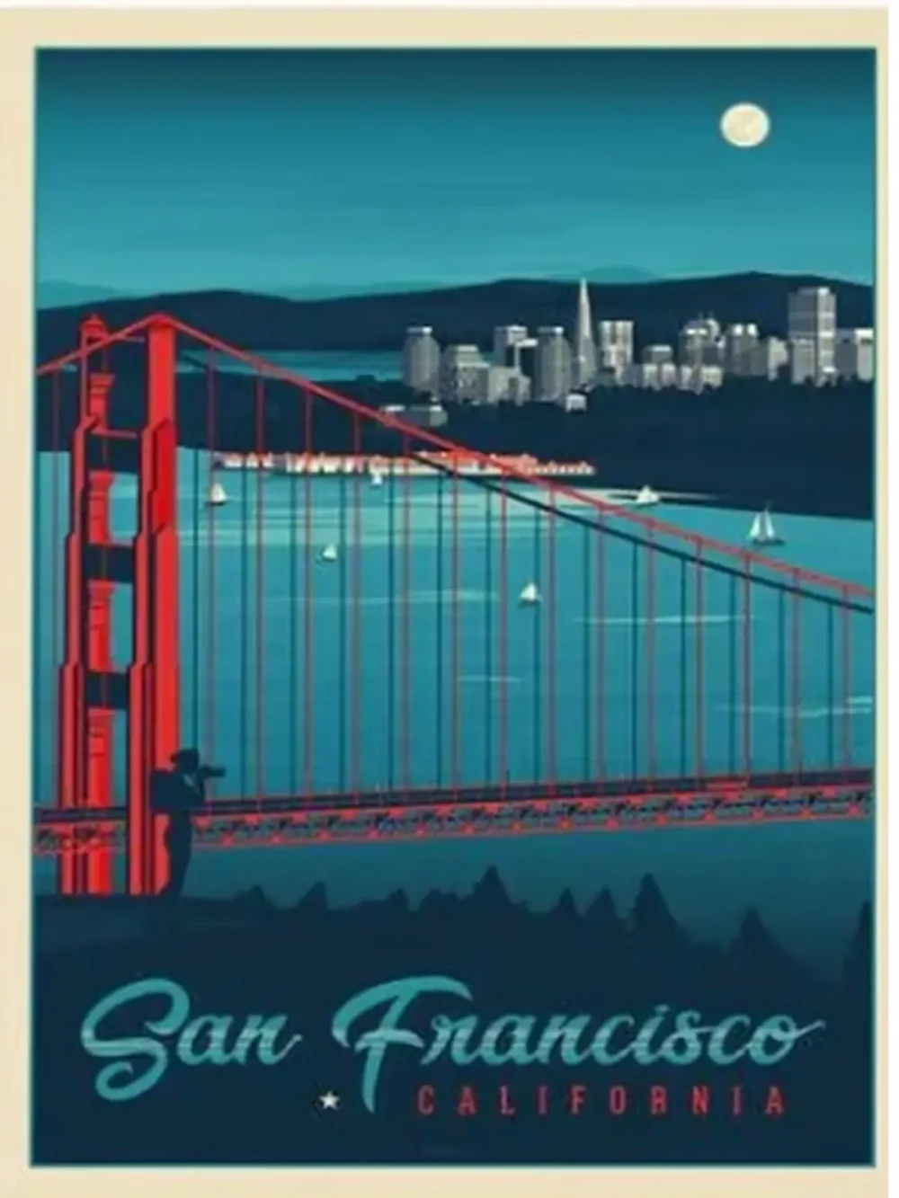 Affiche de la ville de San Francisco au style vintage. Cette affiche au design rétro et coloré égayera votre décoration intérieur de votre maison.