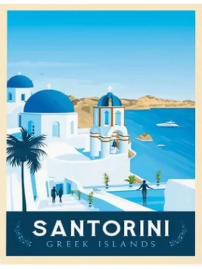 Affiche de l'archipel de Santorin au style vintage. Cette affiche au design rétro et coloré égayera votre décoration intérieur de votre maison.