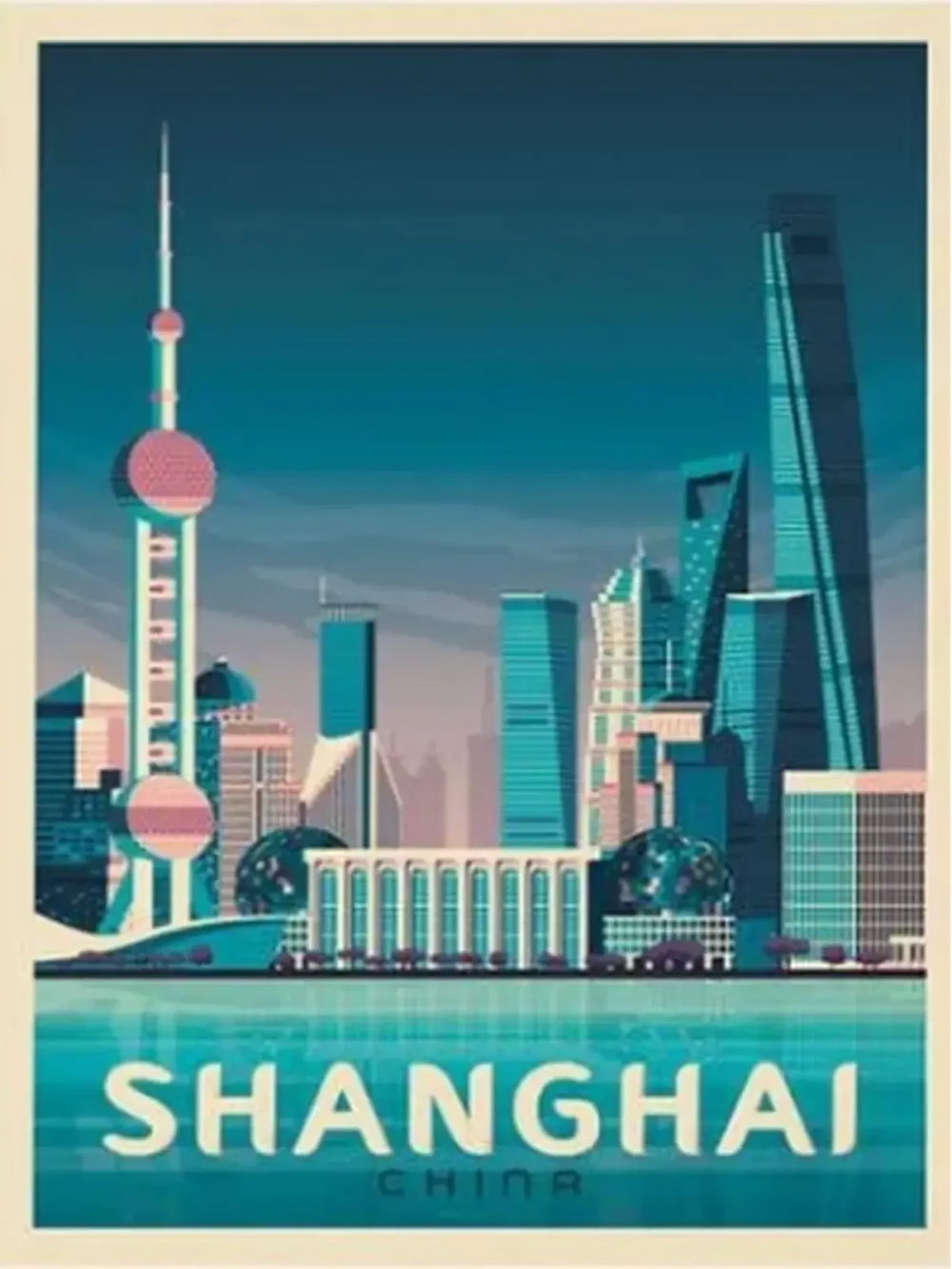 Affiche de la ville de Shangai au style vintage. Cette affiche au design rétro et coloré égayera votre décoration intérieur de votre maison.