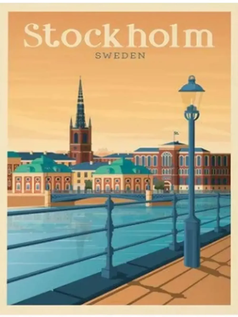 Affiche de la ville de Stockholm au style vintage. Cette affiche au design rétro et coloré égayera votre décoration intérieur de votre maison.