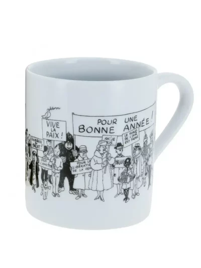 Tasse avec impression inspiré de la carte de vœux de 1972 qui met en scène les nombreux personnages des albums de Tintin.