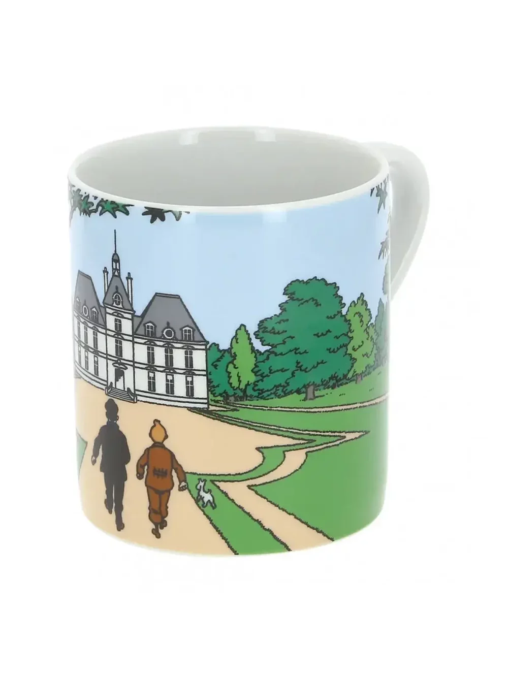 Cette tasse reproduit l’arrivée de Tintin, Milou et le Capitaine Haddock après avoir racheté aux enchères le Château de Moulinsart.