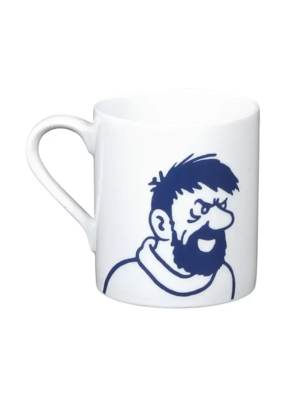 Tasse en porcelaine, à l'effigie du capitaine Haddock. Le dessin, au trait bleu marine, est extrait de l'album d'Objectif Lune.