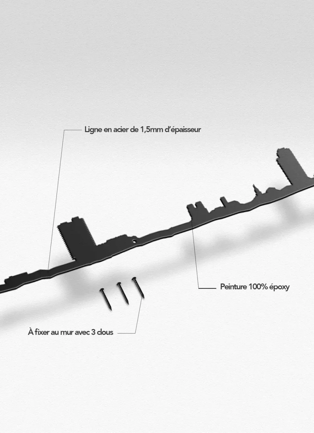 Représentation de la silhouette de Rennes, on voit le Roazhon Park, les Champs Libres, le moderne Mabilay, le Parlement de Bretagne et la cathédrale Saint-Pierre.