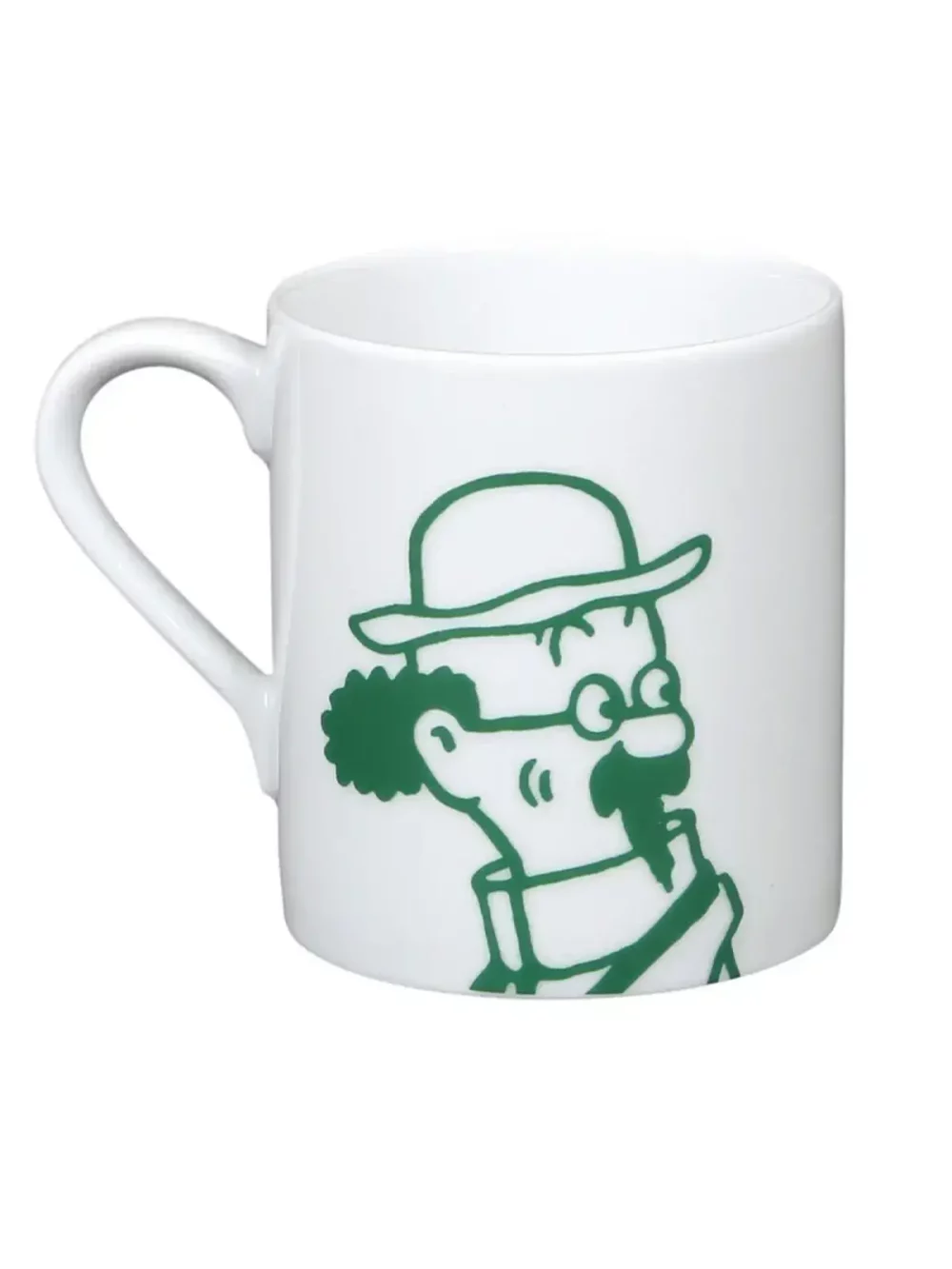 Tasse en porcelaine, à l'effigie du professeur Tournesol. Le dessin, au trait vert foncé, est extrait de l'album des 7 Boules de cristal. Elle résiste au lave-vaisselle