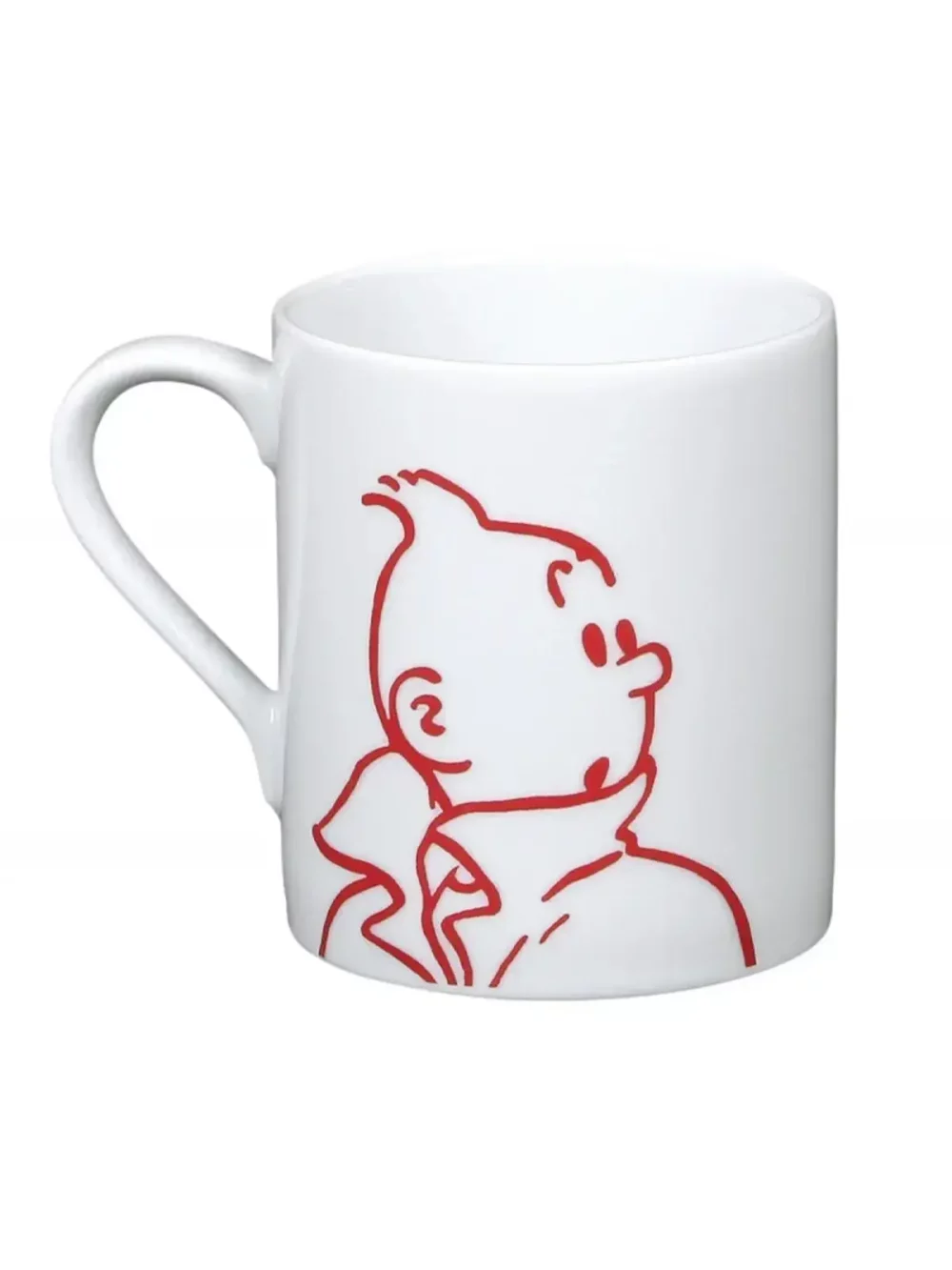 Tasse en porcelaine, à l'effigie de Tintin. Le dessin, au trait rouge, est extrait d'une case du Trésor de Rackham le Rouge. Elle résiste au lave-vaisselle