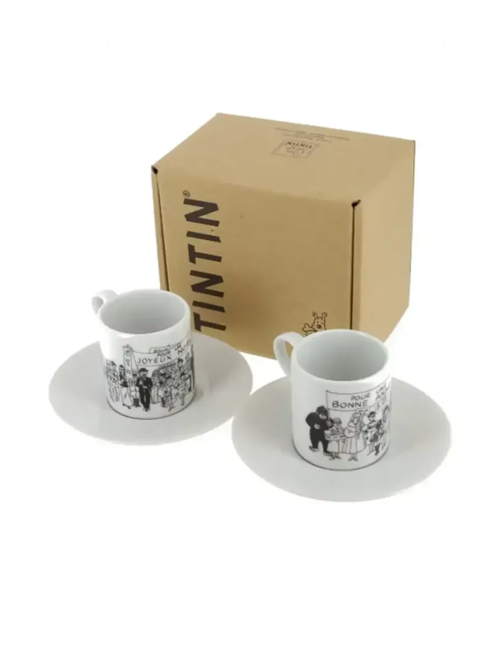 Set de 2 tasses à expresso et sous tasse en porcelaine. Ces tasses expresso reprennent l’illustration de la carte de vœux qui fut dessiné par Hergé en 1972