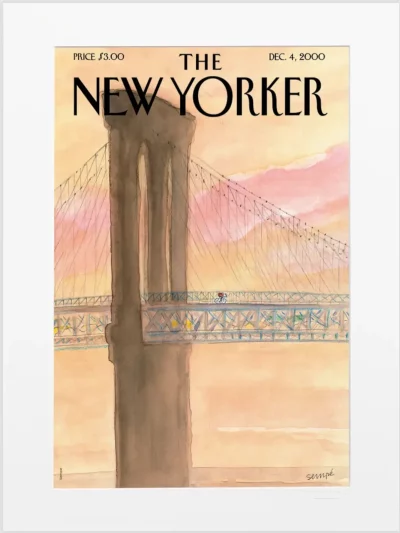 Sprint d’un échappé sur le Pont de Brooklyn, le 4 décembre 2000, par Sempé pour le New Yorker. Cette illustration trouvera sa plus belle place dans un salon, une entrée ou une chambre.