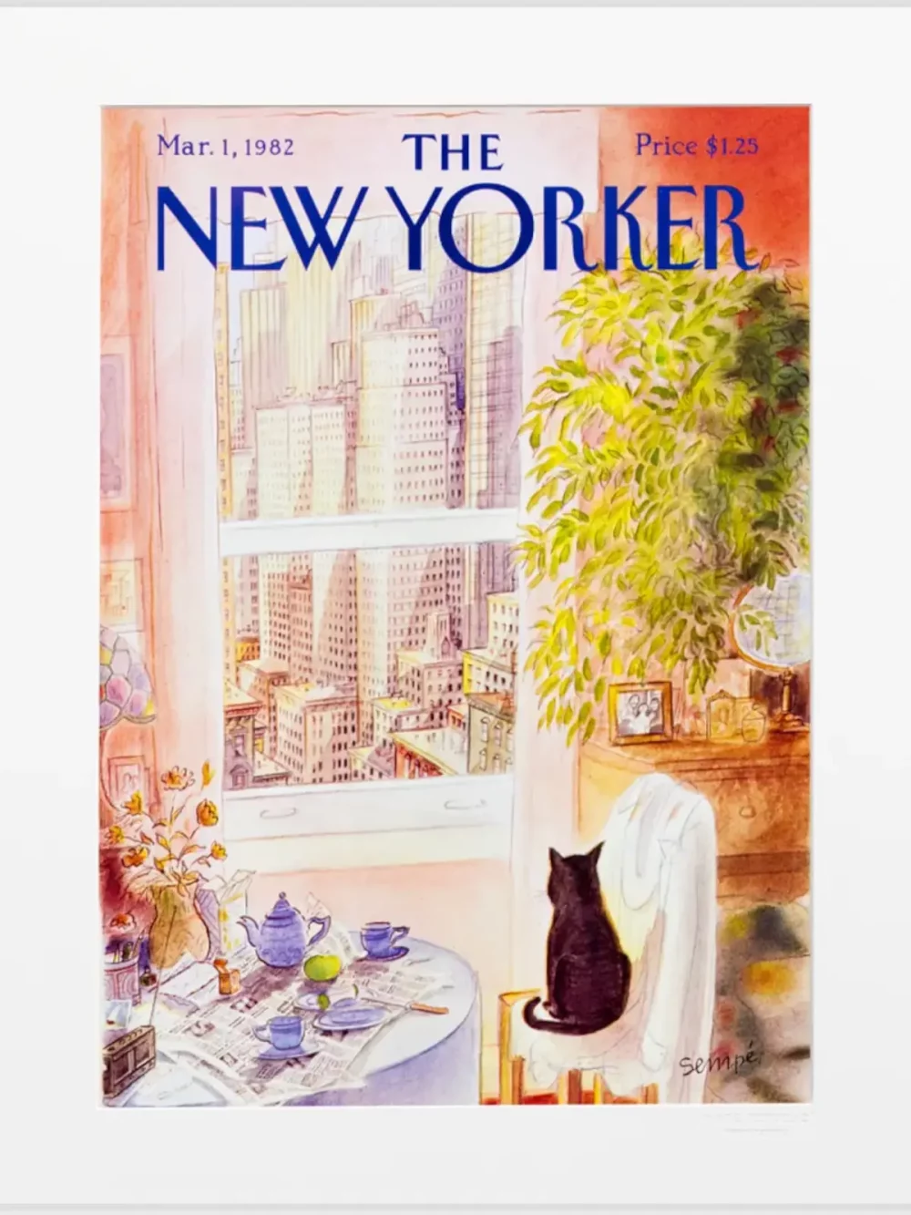 Couverture du New Yorker le 1 mars 1982, par Sempé. Cette illustration trouvera sa plus belle place dans un salon, une entrée ou une chambre.