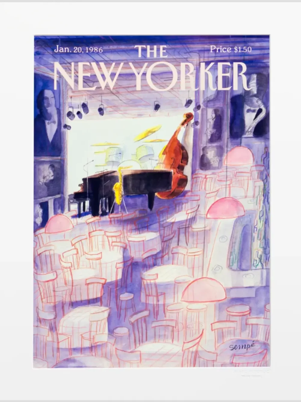 Couverture du New Yorker le 20 janvier 1986, par Sempé. Cette illustration trouvera sa plus belle place dans un salon, une entrée ou une chambre.