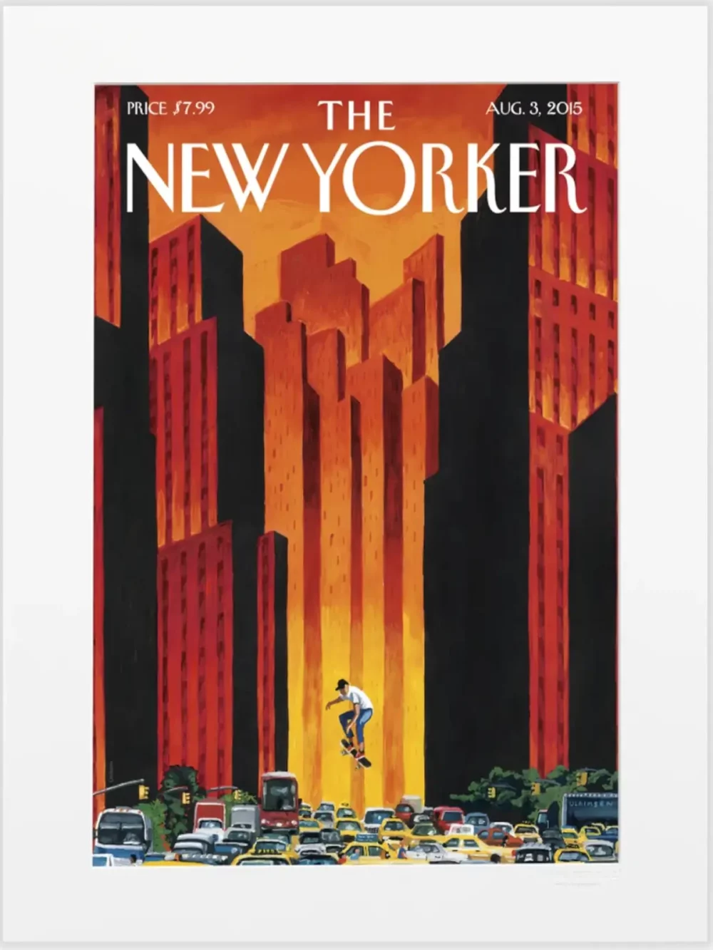 Mark Ulriksen dessine un skateur sur les vagues d’embouteillages, en couverture du New Yorker du 3 aout 2015. Cette illustration trouvera sa plus belle place dans un salon,