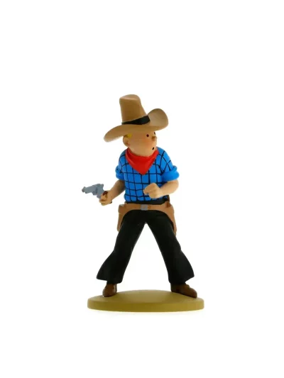 Figurine de Tintin en tenue de cow-boy fabriquée en résine. Modèle réduit pour collectionneur. Taille 15 cm. Ne convient pas aux enfants de moins de 14 ans.